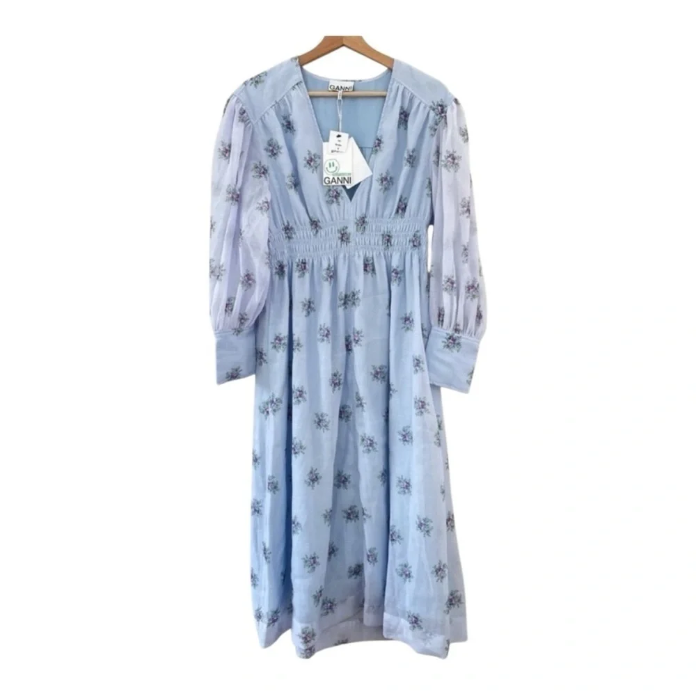 GANNI Light Blue Floral Midi Dress - Picture 1 of 13